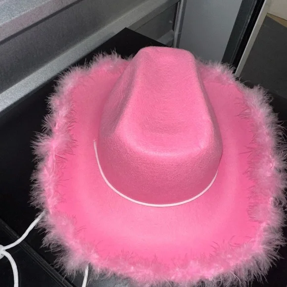 Pink Cowboy Hat with Feather Trim - Picture 4 of 4